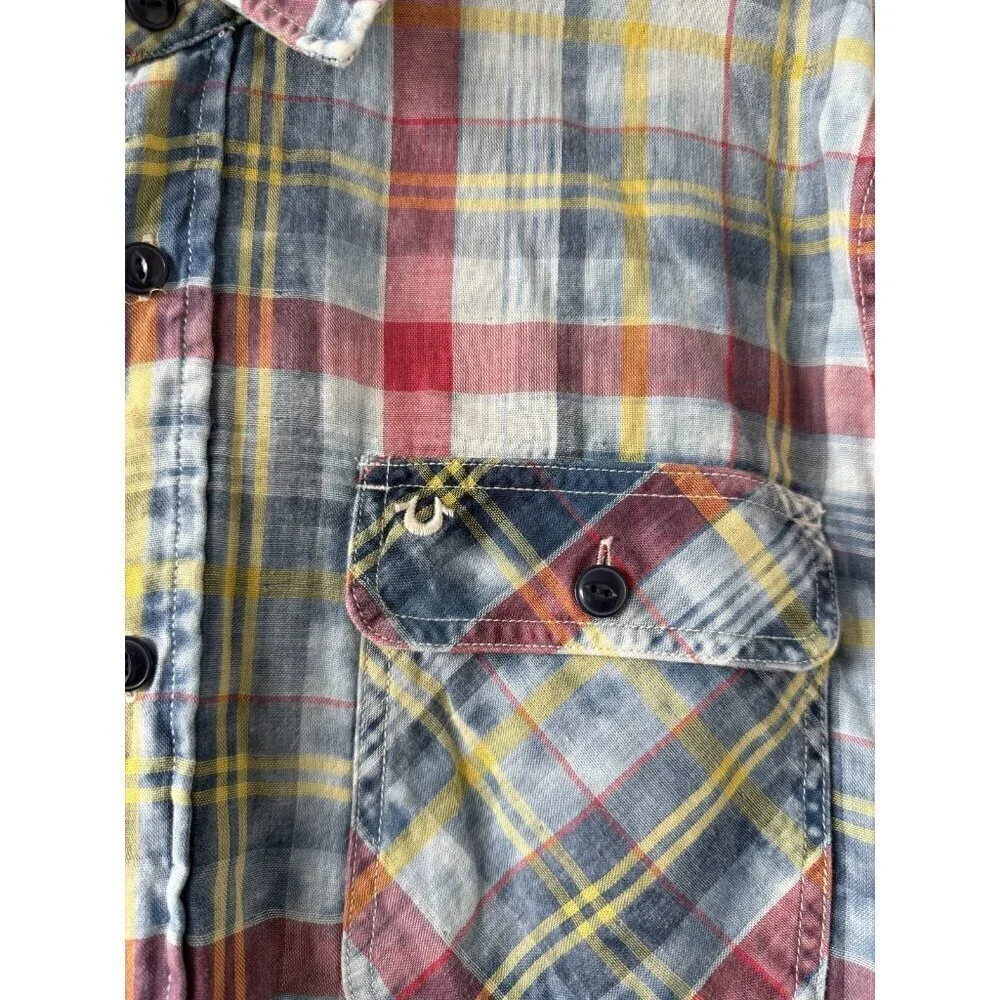 True Religion Plaid Button Up Polo Shirt Western Cowboy Casual Cotton Mens XXL